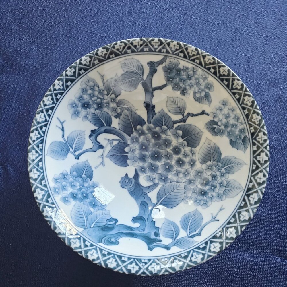 Takahashi 8"D Porcelain Hand Painted Blue Floral Serving Bowl Blossoms